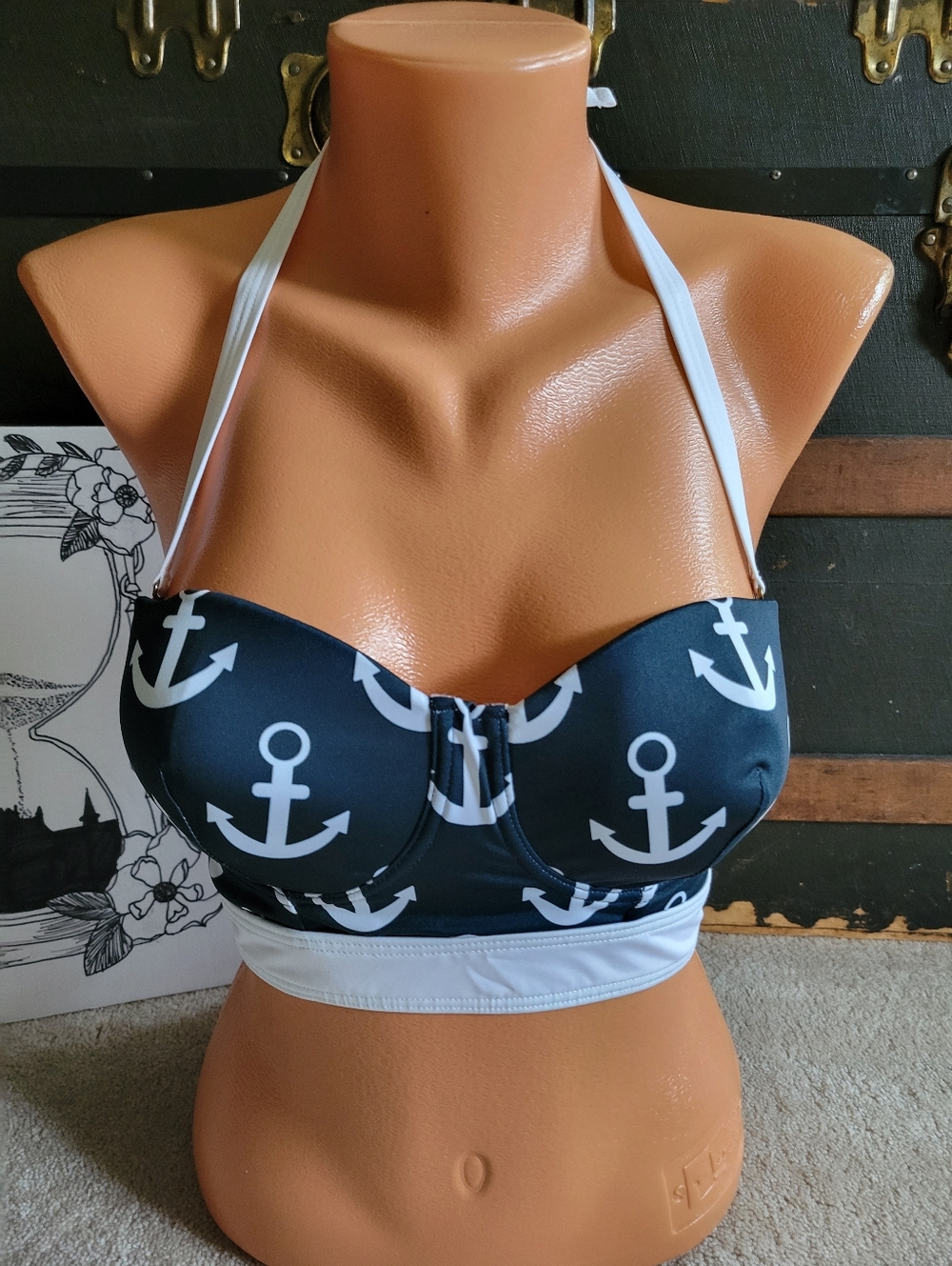 Modcloth Anchor Print Bikini Swim Top Blue White Sz Large